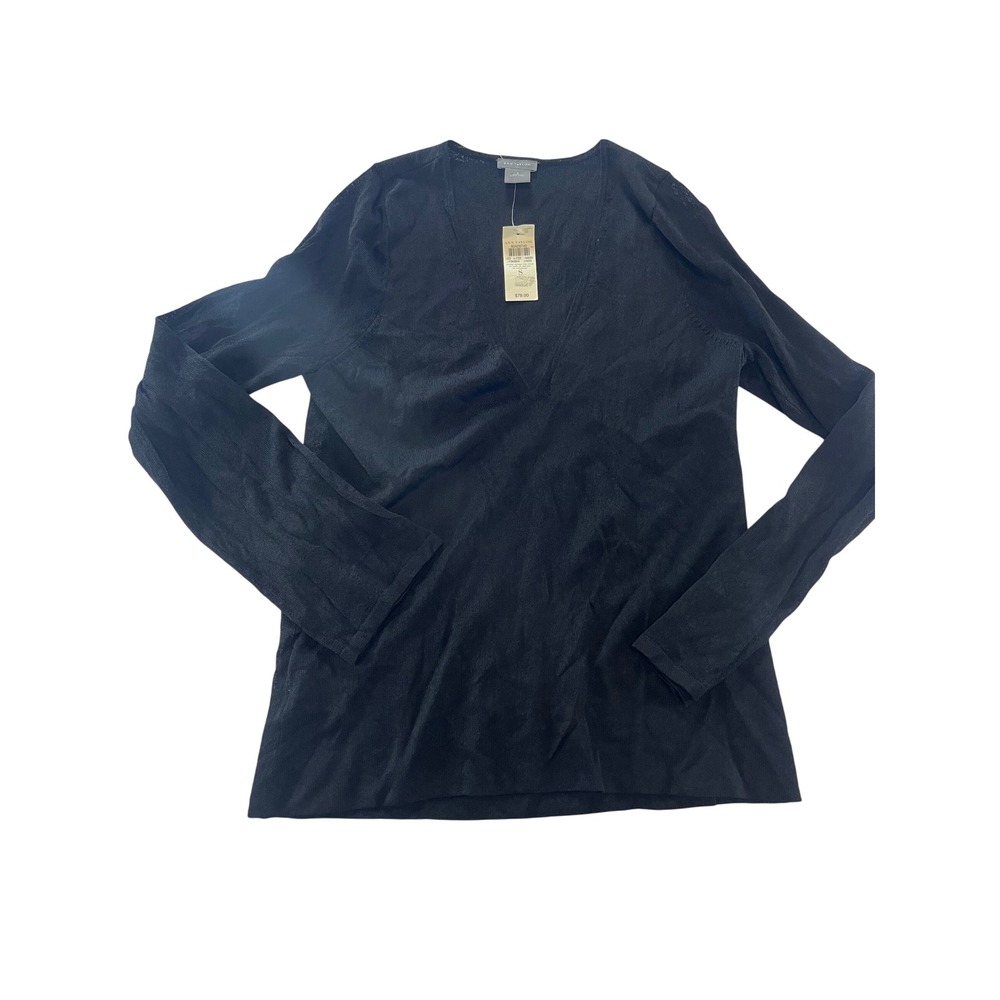 Ann Taylor Black V-Neck Long Sleeve Knit Top Lightweight Sweater Womens‎ Size S